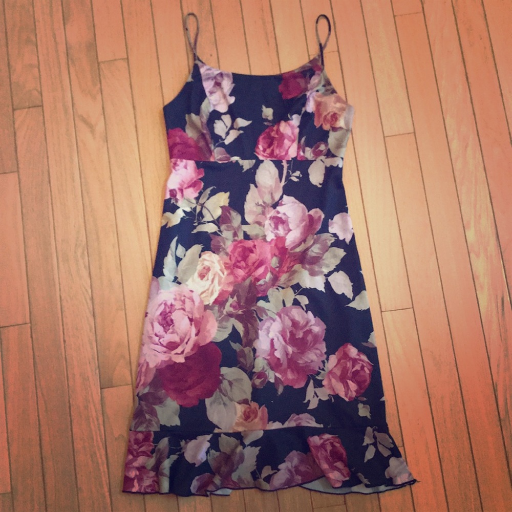 Juniors Black and Pink Floral Shift Dress